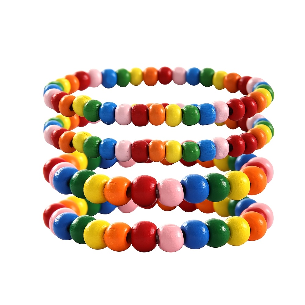 4pcs Rainbow Wooden Bead Bracelet Set Boho Style Layer Stretch Bangle